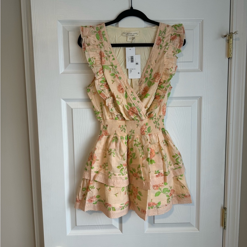 Saltwater LUXE Peach and Green Ruffled Mini Dress Plunge Neckline